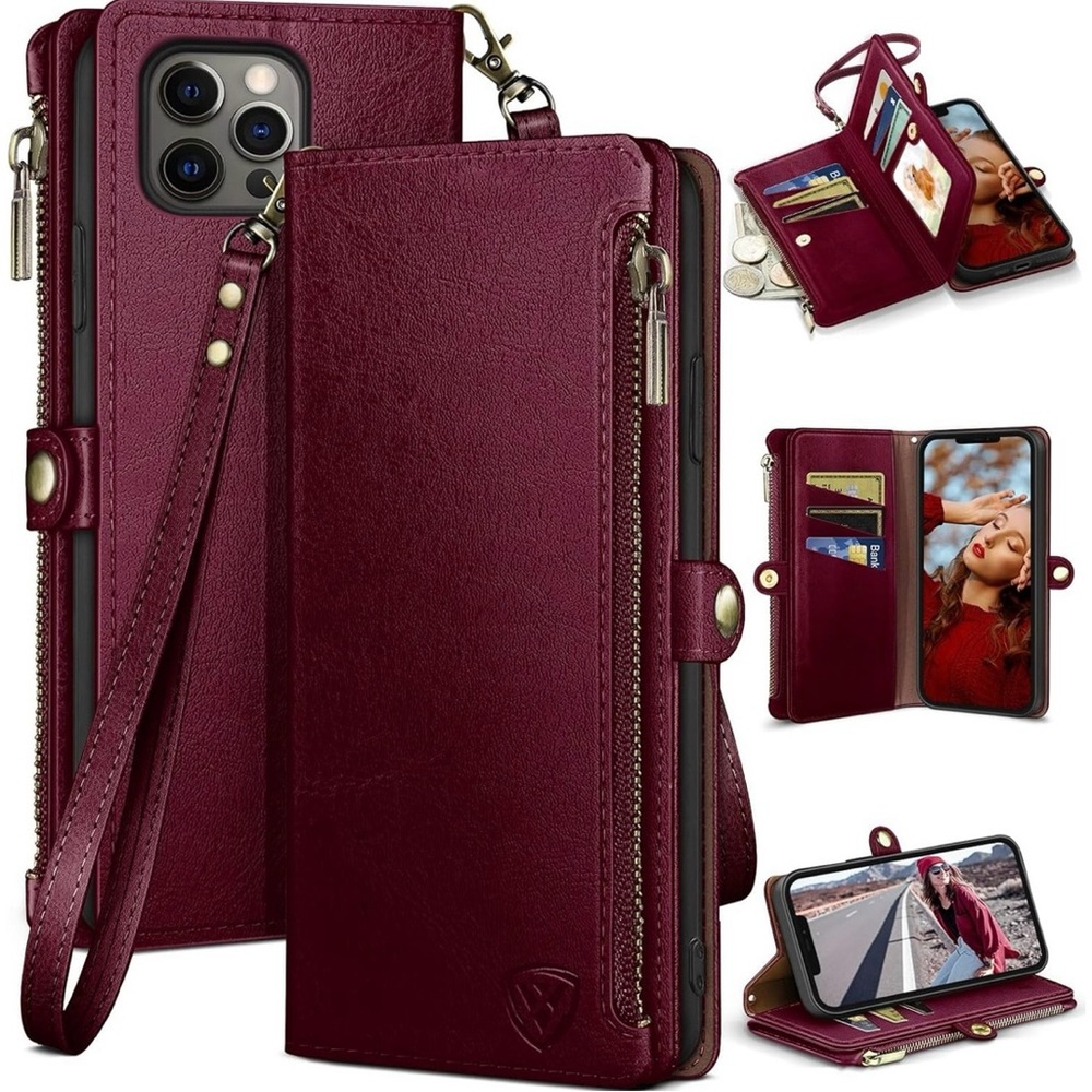 Burgundy shockproof Leather Wallet iPhone 13 Pro Max Case w/zipper / RDIF shield